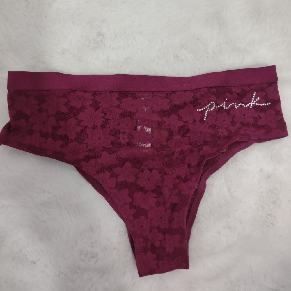 NWT PINK VS Burgundy Lace Cheeky Panties With Rhinestone Logo Size Small